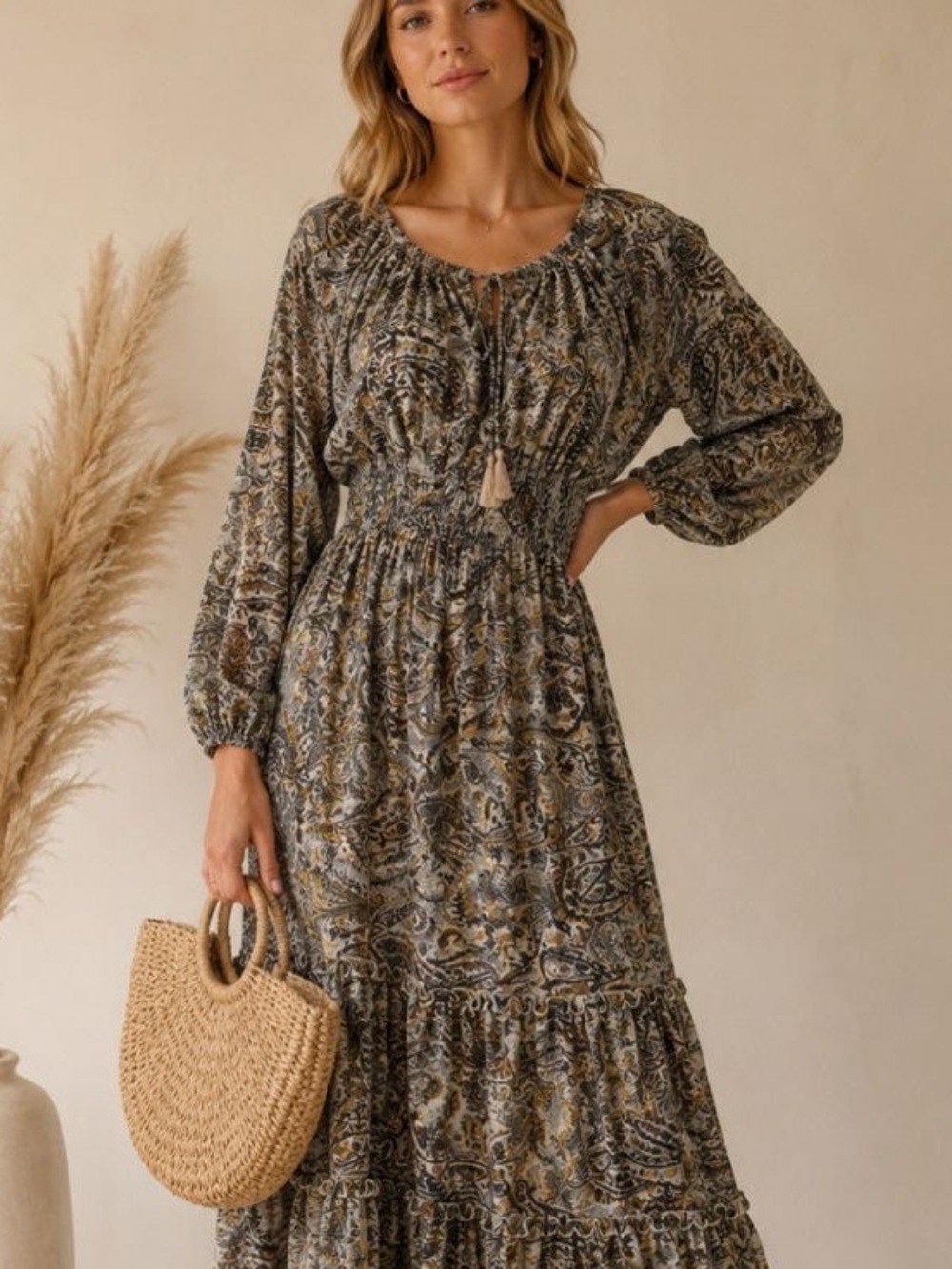 Boho Olive Paisley Tiered Maxi Dress with Smocked Waist